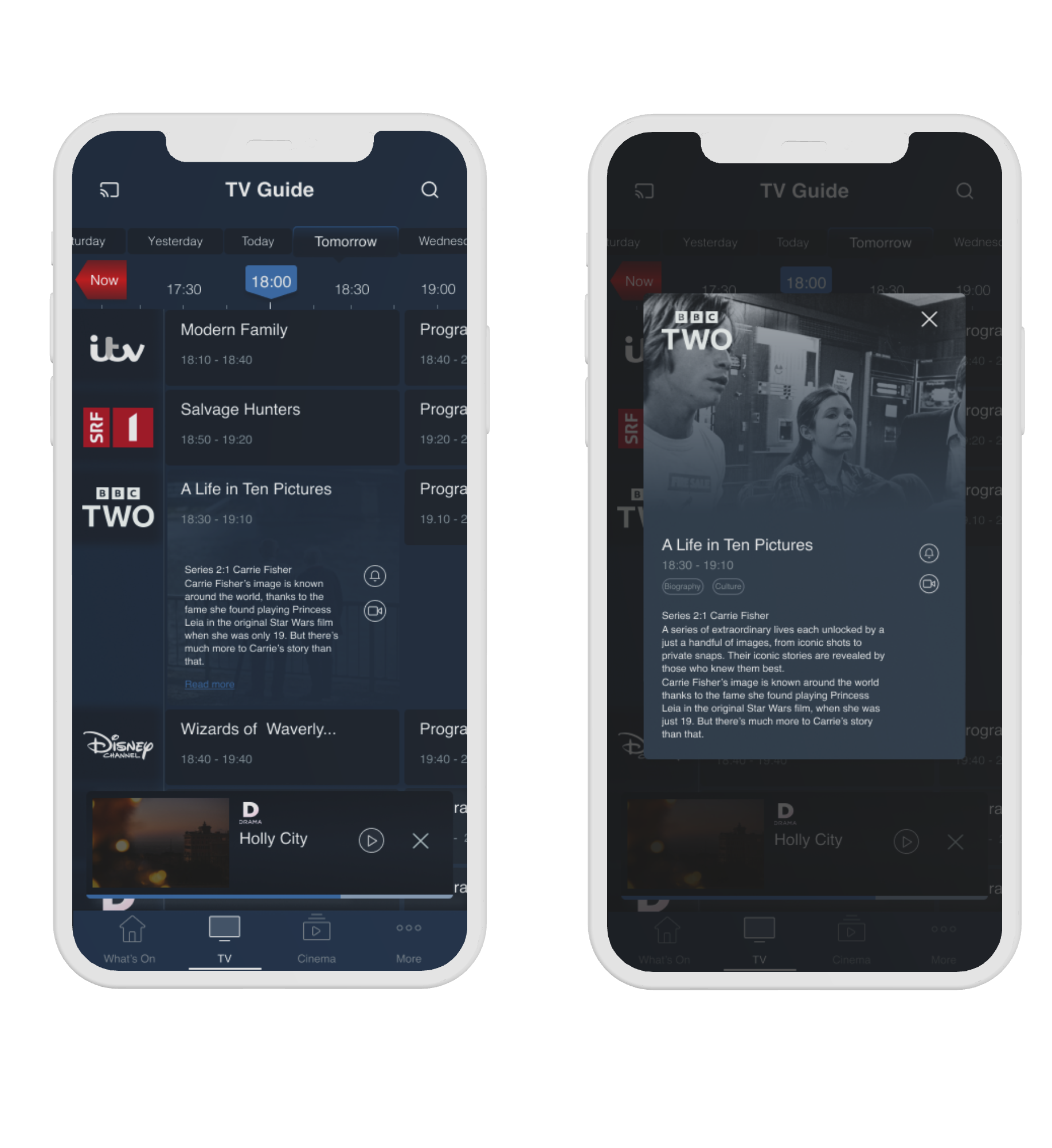 Expansion panel with quick actions (left) and full programme details modal (right)